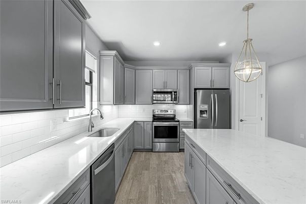 Interior, Kitchen, Pendant Lights, Recessed Lighting, Stainless Steel Appliances, Wood Texture Flooring