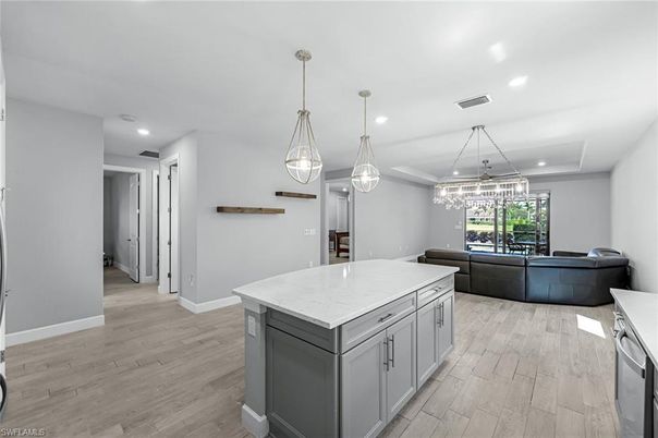 Chandelier, Interior, Kitchen, Living room, Pendant Lights, Recessed Lighting, Wood Texture Flooring