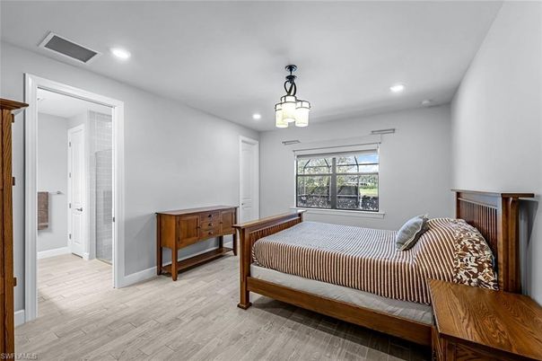 Bedroom, Interior, Pendant Lights, Recessed Lighting, Wood Texture Flooring