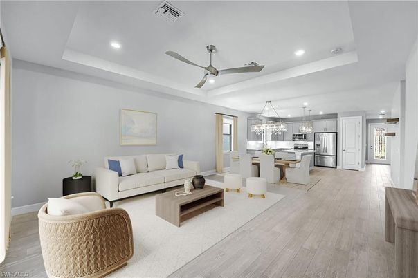 Dining room, Interior, Kitchen, Living room, Pendant Lights, Recessed Lighting, Stainless Steel Appliances, Wood Texture Flooring