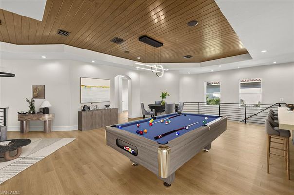 Billiard Table, Game Room, Interior, Pendant Lights, Recessed Lighting, Wooden Ceilings, Wood Texture Flooring