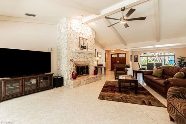 Fireplace, Interior, Living room, Pendant Lights, Stone Walls