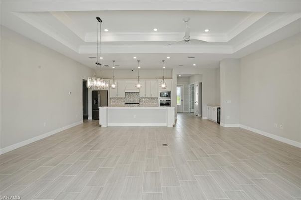 Empty room, Interior, Kitchen, Pendant Lights, Recessed Lighting, Stainless Steel Appliances