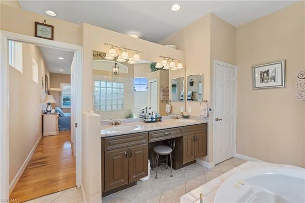 Bathroom, Dual Sink Vanities, Interior, Recessed Lighting, Wood Texture Flooring