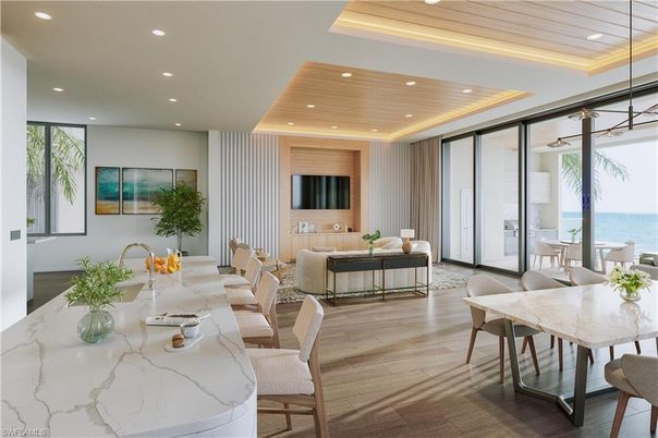 Dining room, Interior, Living room, Pendant Lights, Recessed Lighting, Water, Wooden Ceilings, Wood Texture Flooring