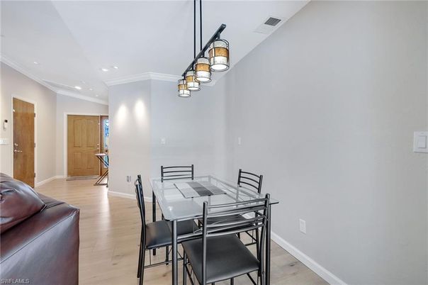 Dining room, Interior, Pendant Lights, Recessed Lighting, Wood Texture Flooring
