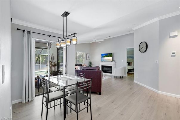 Dining room, Fireplace, Interior, Living room, Pendant Lights, Wood Texture Flooring