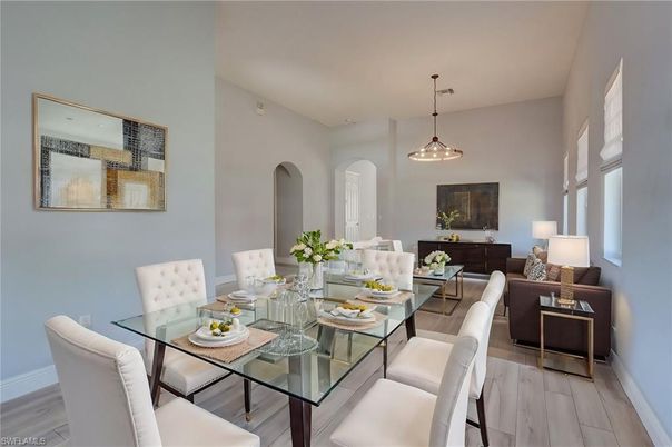 Dining room, Interior, Living room, Pendant Lights, Wood Texture Flooring