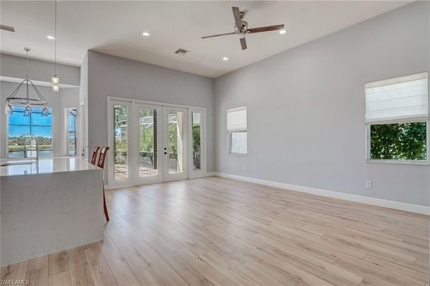 Empty room, Interior, Kitchen, Pendant Lights, Recessed Lighting, Wood Texture Flooring