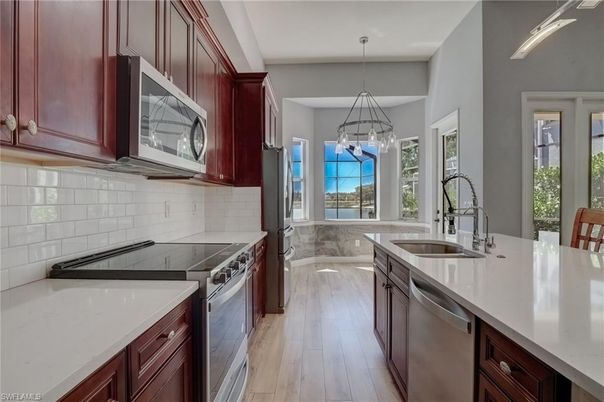 Interior, Kitchen, Pendant Lights, Stainless Steel Appliances, Wood Texture Flooring