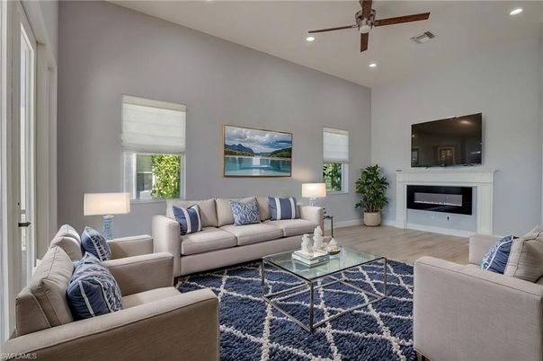 Fireplace, Interior, Living room, Recessed Lighting, Wood Texture Flooring