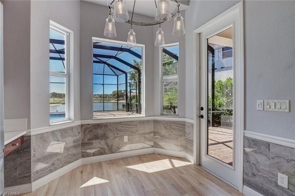 Glass Ceilings, Interior, Pendant Lights, Sun Room, Water, Wood Texture Flooring