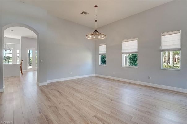 Empty room, Interior, Pendant Lights, Recessed Lighting, Wood Texture Flooring
