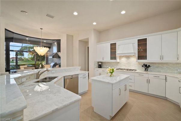 Chandelier, Interior, Kitchen, Pendant Lights, Recessed Lighting, Stainless Steel Appliances, Wood Texture Flooring