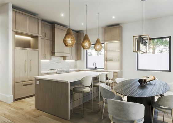 Dining room, Interior, Kitchen, Pendant Lights, Recessed Lighting, Wood Texture Flooring