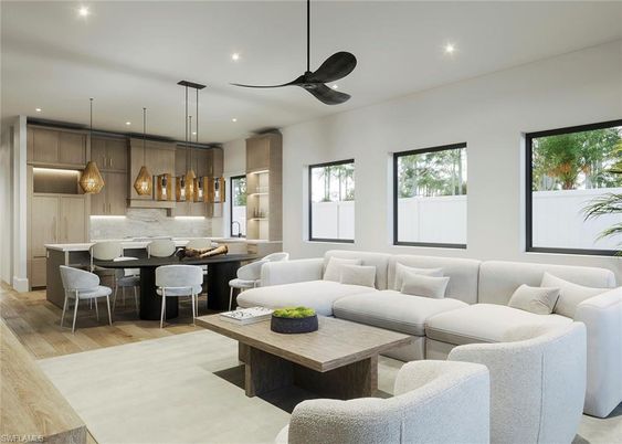 Dining room, Interior, Kitchen, Living room, Pendant Lights, Recessed Lighting, Wood Texture Flooring