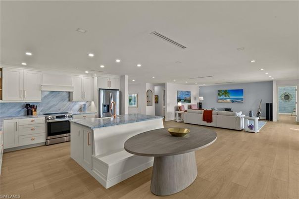 Interior, Kitchen, Living room, Recessed Lighting, Stainless Steel Appliances, Wood Texture Flooring