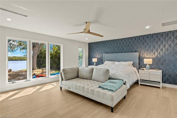 Bedroom, Interior, Recessed Lighting, Water, Wood Texture Flooring