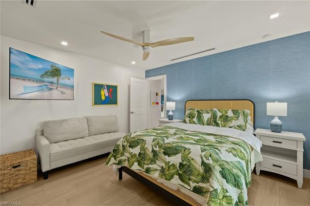 Bedroom, Interior, Recessed Lighting, Wood Texture Flooring
