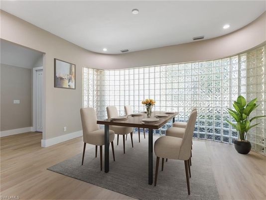 Dining room, Interior, Recessed Lighting, Wood Texture Flooring
