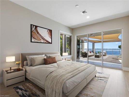 Bedroom, Interior, Recessed Lighting, Water, Wood Texture Flooring