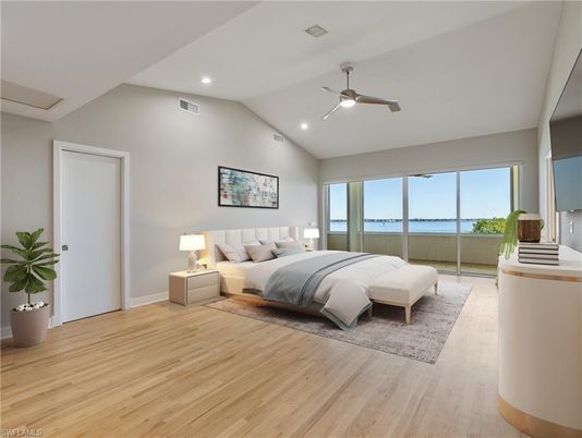 Bedroom, Interior, Recessed Lighting, Water, Wood Texture Flooring