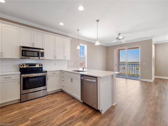 Interior, Kitchen, Pendant Lights, Recessed Lighting, Stainless Steel Appliances, Wood Texture Flooring