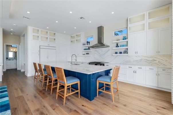 Interior, Kitchen, Marble Walls, Recessed Lighting, Wood Texture Flooring