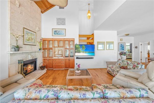 Fireplace, Interior, Living room, Pendant Lights, Stone Walls, Wooden Beams, Wooden Ceilings, Wood Texture Flooring