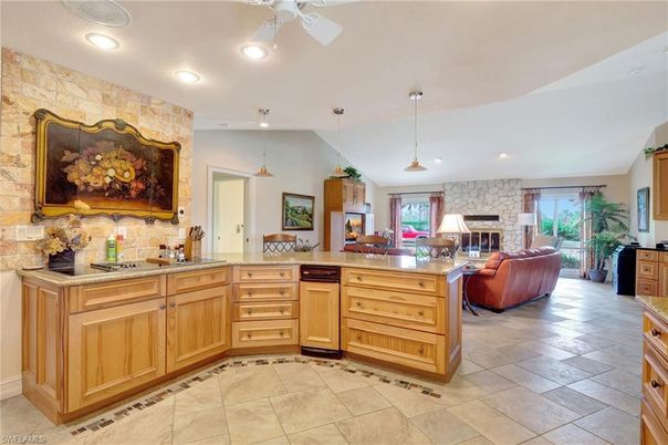 Fireplace, Interior, Kitchen, Living room, Pendant Lights, Recessed Lighting, Stone Walls