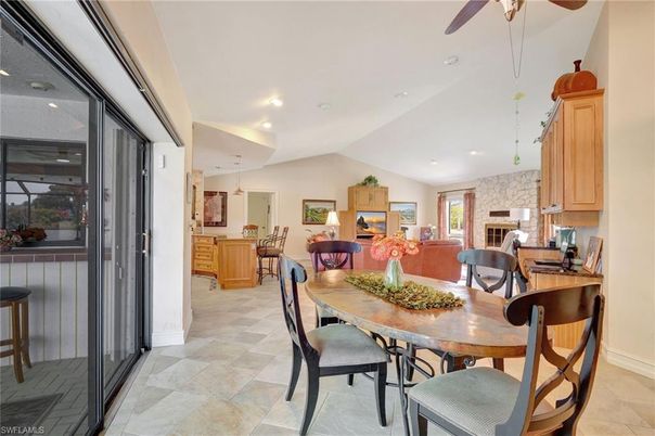 Dining room, Fireplace, Interior, Recessed Lighting, Stone Walls