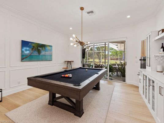 Billiard Table, Game Room, Interior, Pendant Lights, Recessed Lighting, Wood Texture Flooring