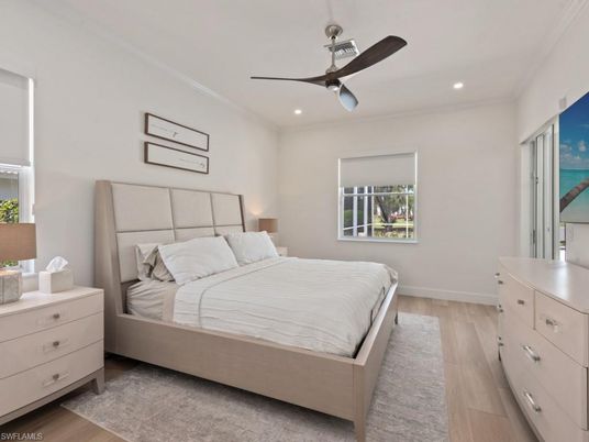 Bedroom, Interior, Recessed Lighting, Water, Wood Texture Flooring