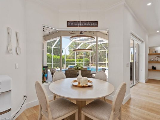 Dining room, Glass Ceilings, Interior, Pendant Lights, Pool, Recessed Lighting, Sun Room, Wood Texture Flooring