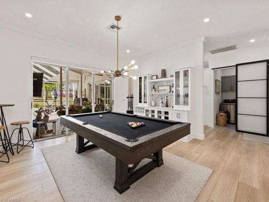 Billiard Table, Game Room, Interior, Pendant Lights, Recessed Lighting, Wood Texture Flooring
