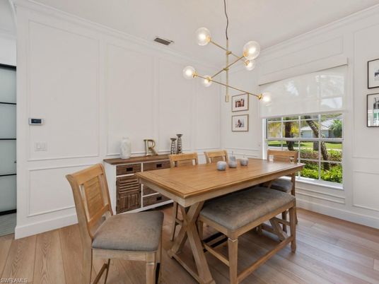 Dining room, Interior, Pendant Lights, Wood Texture Flooring