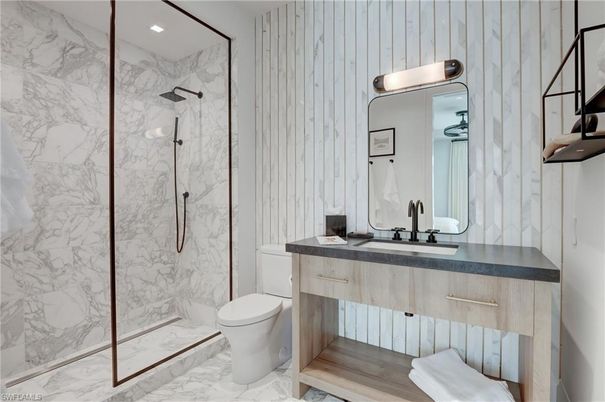 Bathroom, Glass Shower, Interior, Marble, Marble Walls, Recessed Lighting