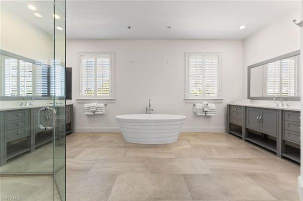 Bathroom, Dual Sink Vanities, Free Standing Baths, Glass Shower, Interior, Recessed Lighting