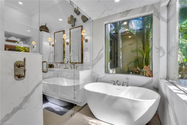 Bathroom, Dual Sink Vanities, Free Standing Baths, Interior, Marble Walls, Recessed Lighting