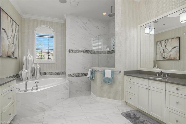Bathroom, Glass Shower, Interior, Marble, Marble Walls, Recessed Lighting