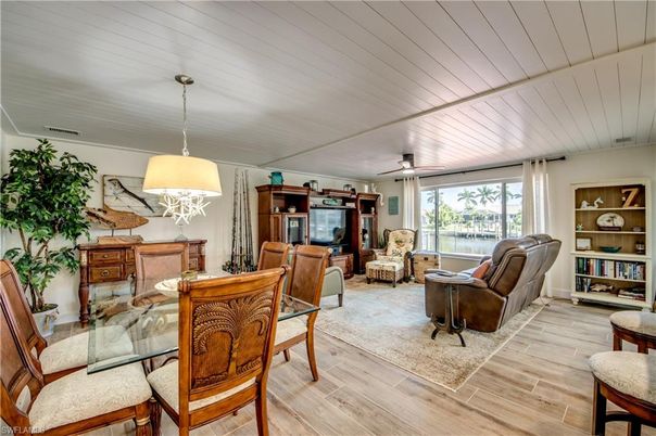 Dining room, Interior, Living room, Pendant Lights, Wood Texture Flooring