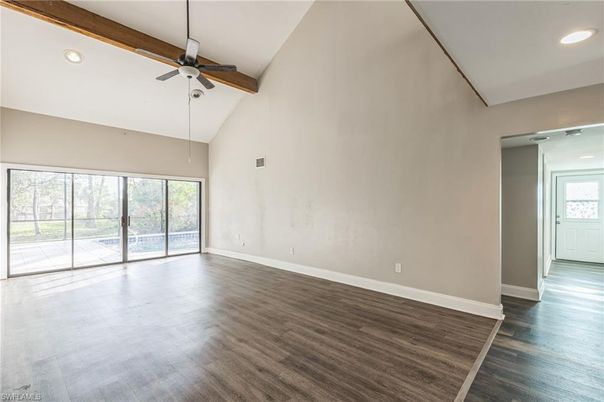 Empty room, Interior, Recessed Lighting, Wooden Beams, Wood Texture Flooring