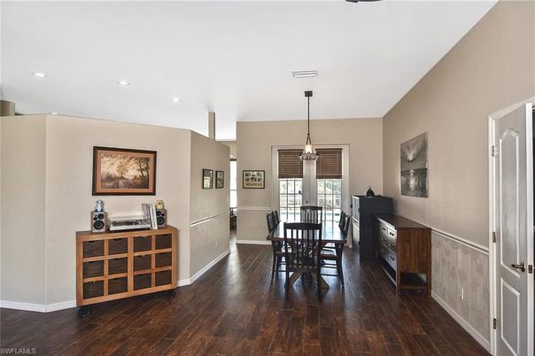 Dining room, Interior, Pendant Lights, Recessed Lighting, Wood Texture Flooring