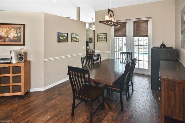 Dining room, Interior, Pendant Lights, Wood Texture Flooring