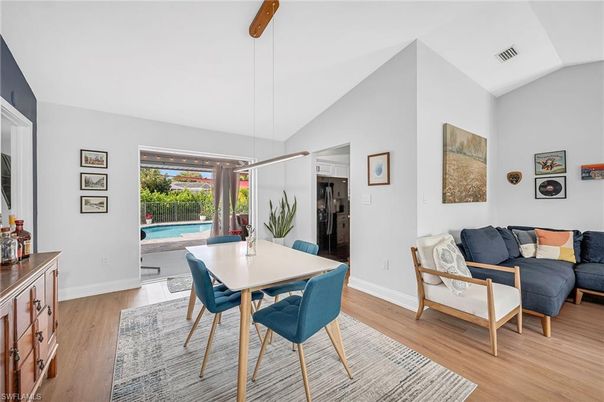Dining room, Interior, Living room, Pendant Lights, Wood Texture Flooring