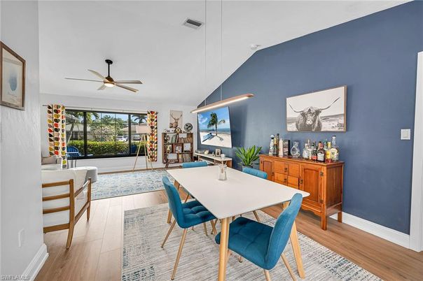 Dining room, Interior, Pendant Lights, Wood Texture Flooring