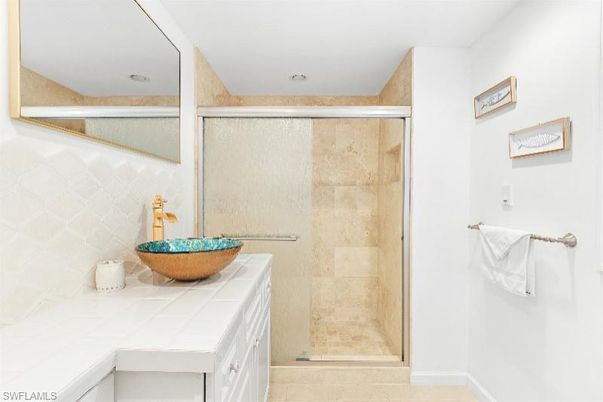 Bathroom, Glass Shower, Interior, Recessed Lighting, Tile Countertops