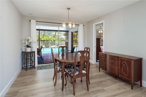 Dining room, Interior, Pendant Lights, Wood Texture Flooring