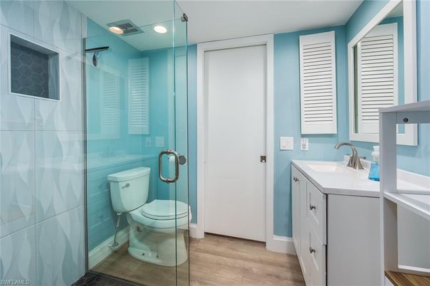 Bathroom, Glass Shower, Interior, Recessed Lighting, Wood Texture Flooring