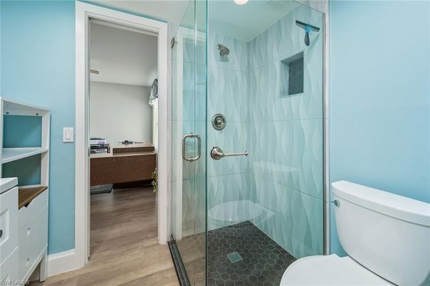 Bathroom, Glass Shower, Interior, Wood Texture Flooring